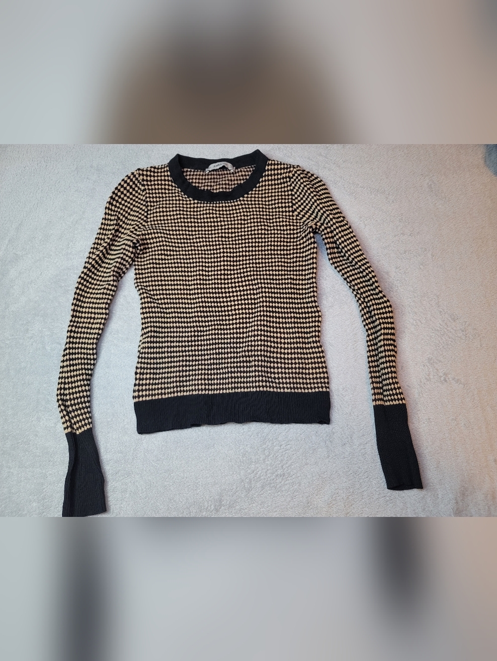 Zara Textured Geometric Knit Sweater Black & Tan Size S - Long Ribbed Cuffs